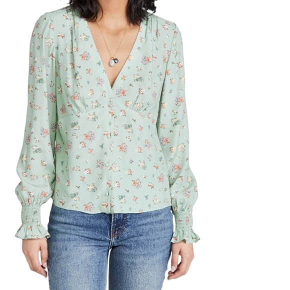 Paige Floral Mint Button Front Longsleeve Blouse - Picture 1 of 8
